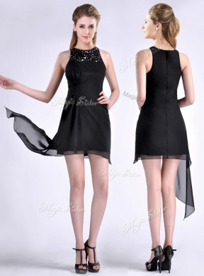 Modern Scoop Asymmetrical Black Chiffon Prom Dress with Beading