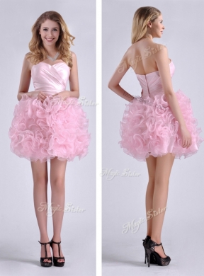 New Style Ball Gown Ruched Baby Pink Short Prom Dress in Rolling Flowers