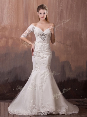 Unique V Neck Half Sleeves Mermaid Wedding Dress with Beading and Lace for