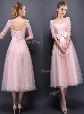 Most Popular Scoop Half Sleeves Baby Pink Dama Dress with Bowknot