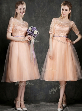 New Scoop Half Sleeves Prom Dress with Sashes and Lace