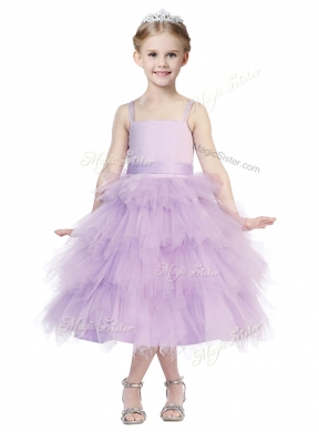 Beautiful Spaghetti Straps Lavender Girls Party Dress with Beading and Ruffled Layers