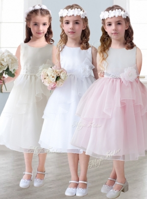 Lovely Scoop Hand Made Flowers and Ruffled Layers Girls Party Dress in Tea-length