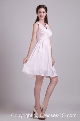 Baby Pink Empire V-neck Short Chiffon Ruched Prom / Cocktail Dress