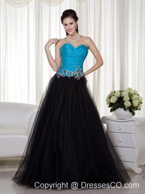 Blue And Black A-line Long Taffeta And Tulle Appliques Prom Dress