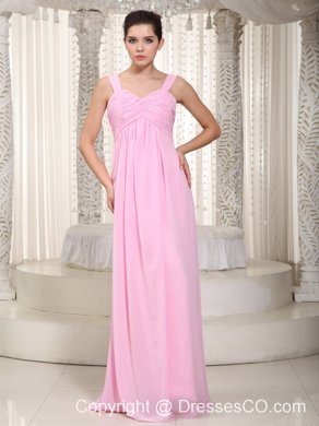 Baby Pink Empire Straps Long Chiffon Ruched Prom Dress