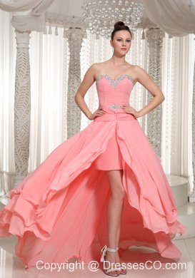 Custom Made High-low Prom Dress With Watermelon Chiffon Beaded Decorate