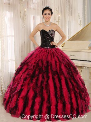 Beaded and Ruffled For Black and Hot Pink Quinceanera Dress