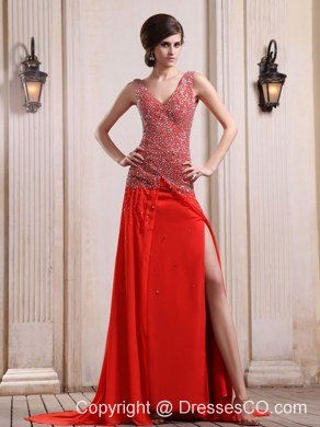 Red Prom / Evening Dress With Beaded Decorate Up Bodice High Slit Court Train Chiffon V-neck