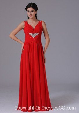 Stylish Red V-neck Beading And Ruching Prom Celebrity Dress With Long