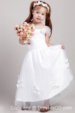 White A-line Straps Ankle-length Taffeta And Tulle Hand Made Flowers Flower Girl Dress