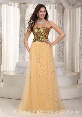 Gold Empire Brush Train Tulle Sequins Prom Dress