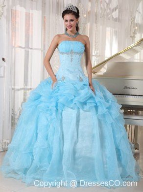 Baby Blue Ball Gown Strapless Long Organza Beading Quinceanera Dress