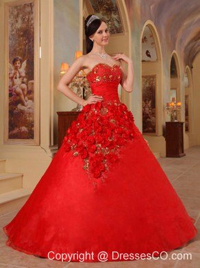 Red Ball Gown Long Organza Hand Made Flowers Quinceanera Dress