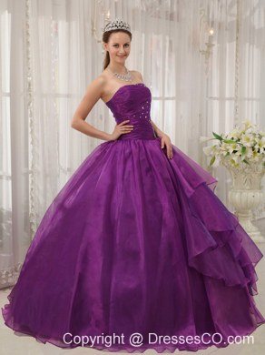 Purple Ball Gown Strapless Long Organza Beading Quinceanera Dress