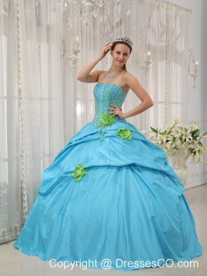 Baby Blue Ball Gown Strapless Long Taffeta Beading And Hand Flowers Quinceanera Dress