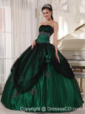 Green Ball Gown Strapless Long Tulle And Taffeta Beading Quinceanera Dress
