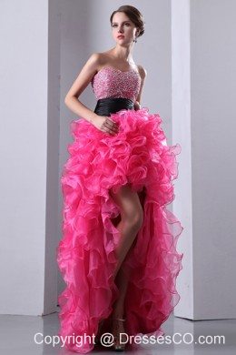 Hot Pink A-line Prom Dress High-low Organza Beading