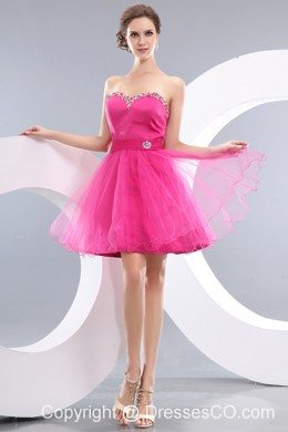 Lovely Hot Pink A-line / Princess Beading Short Prom / Homecoming Dress Mini-length Organza