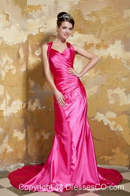 Hot Pink Column V-neck Court Train Taffeta Beading Prom Dress