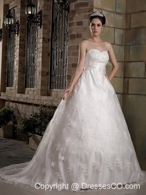 Gorgeous A-line Court Train Taffeta and Lace Wedding Dress