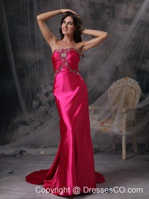 Hot Pink Prom Dress Satin Beading and Ruching Brush Train
