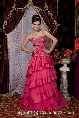 Hot Pink Prom / Evening Dress A-line Taffeta and Tulle Beading Brush Train