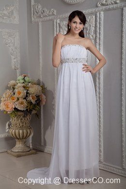 Pretty White Prom Dress Column Strapless Chiffon Beading Brush Train