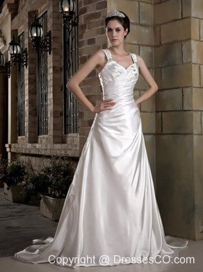 Graceful A-line Straps Court Train Taffeta Ruched and Appliques Wedding Dress