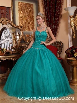 Teal Ball Gown Spaghetti Straps Long Tulle Beading Quinceanera Dress