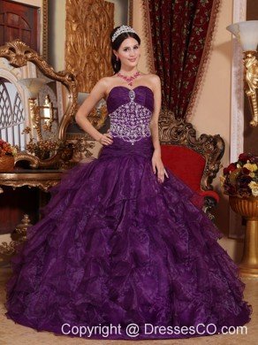 Purple A-line Long Organza Beading Quinceanera Dress