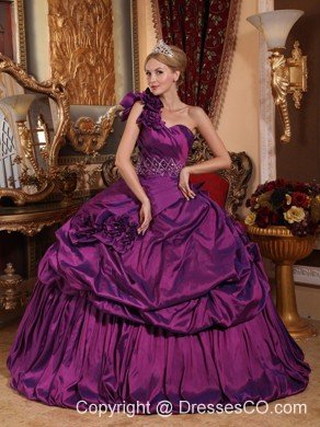 Purple Ball Gown One Shoulder Long Taffeta Beading Quinceanera Dress