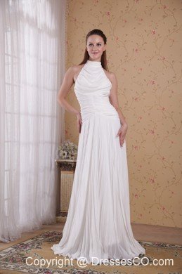 White Empire High-neck Long Organza Pleat Prom Dress