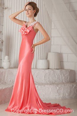 Watermelon Column Spaghetti Straps Brush Train Elastic Woven Satin Beading Prom / Celebrity Dress