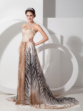 Multi-color Empire Strapless Court Train Special Fabric Prom Dress