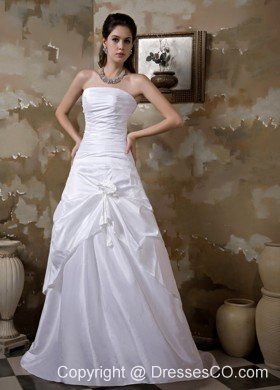 Simple A-line Strapless Brush Train Taffeta Hand Made Flower Wedding Dress