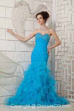 Sky Blue Mermaid Organza Beading Brush Train Prom Dress