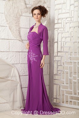 Bright Purple Column One Shoulder Chiffon Appliques Brush Train Prom Dress
