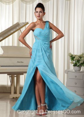 High Slit Aqua Blue Prom Dress One Shoulder Chiffon Watteau Train