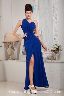 Lovely Royal Blue Empire Evening Dress One Shoulder Chiffon Ruched Ankle-length