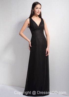Black Column V-neck Long Elastic Wove Satin And Chiffon Prom Dress