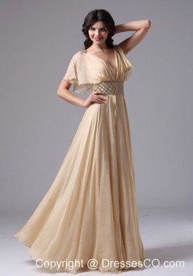 Champagne V-neck Beaded Decorate Waist For Prom Dress