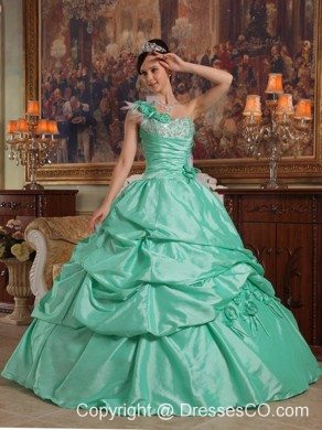 Apple Green Ball Gown One Shoulder Long Hand Flowers Taffeta Quinceanera Dress
