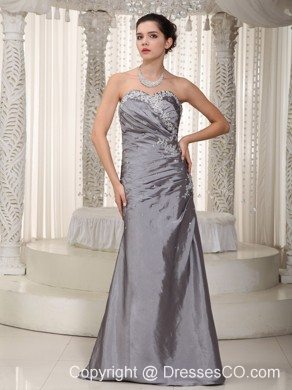 Gray Column Long Elastic Woven Satin Appliques And Beading Prom Dress