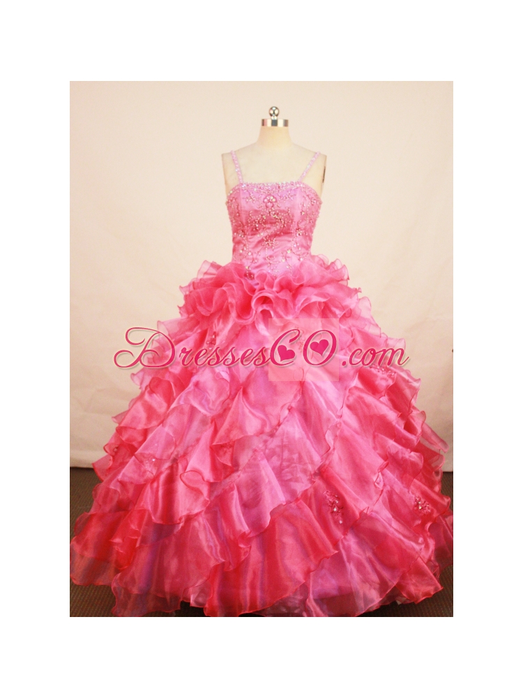 Coral Red Flower Girl Pageant Dress With Beaded and Ruffles Decorate Spaghetti Straps Neckline