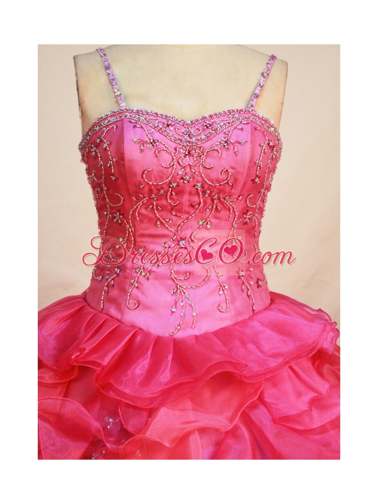 Coral Red Flower Girl Pageant Dress With Beaded and Ruffles Decorate Spaghetti Straps Neckline