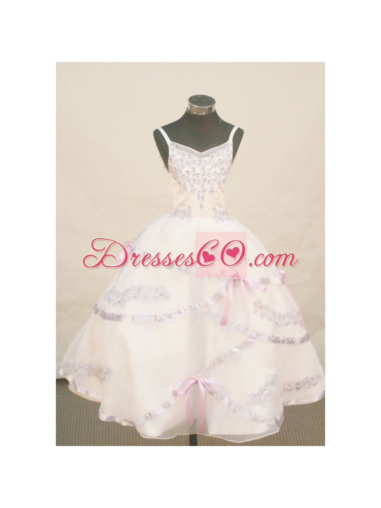 White Princess Flower Girl Pageant Dress With Appliques Decorate Spaghetti Straps Neckline