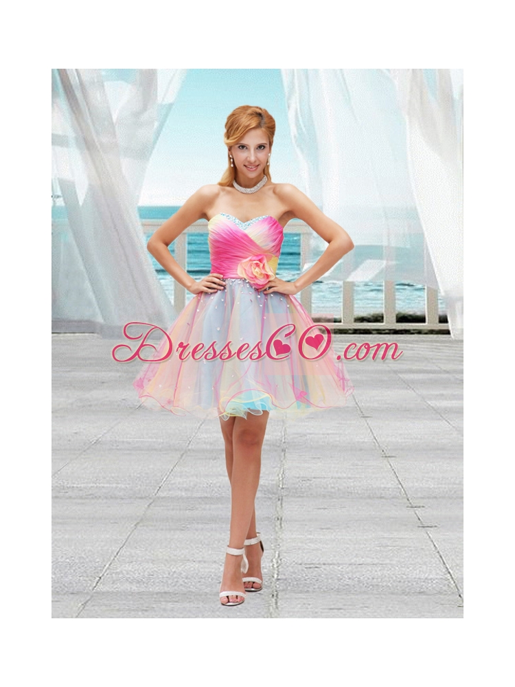 Lovely Ombre Color Organza Prom Dress with Ruching and Hand Made Flower