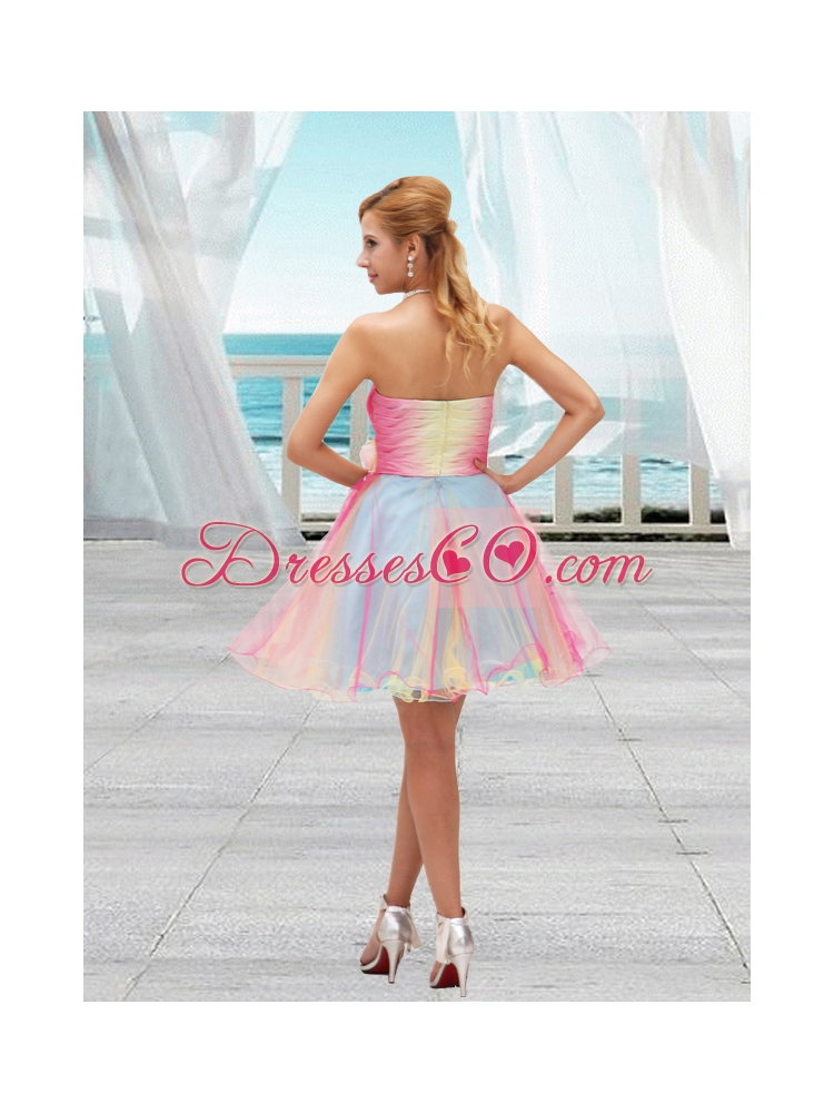 Lovely Ombre Color Organza Prom Dress with Ruching and Hand Made Flower