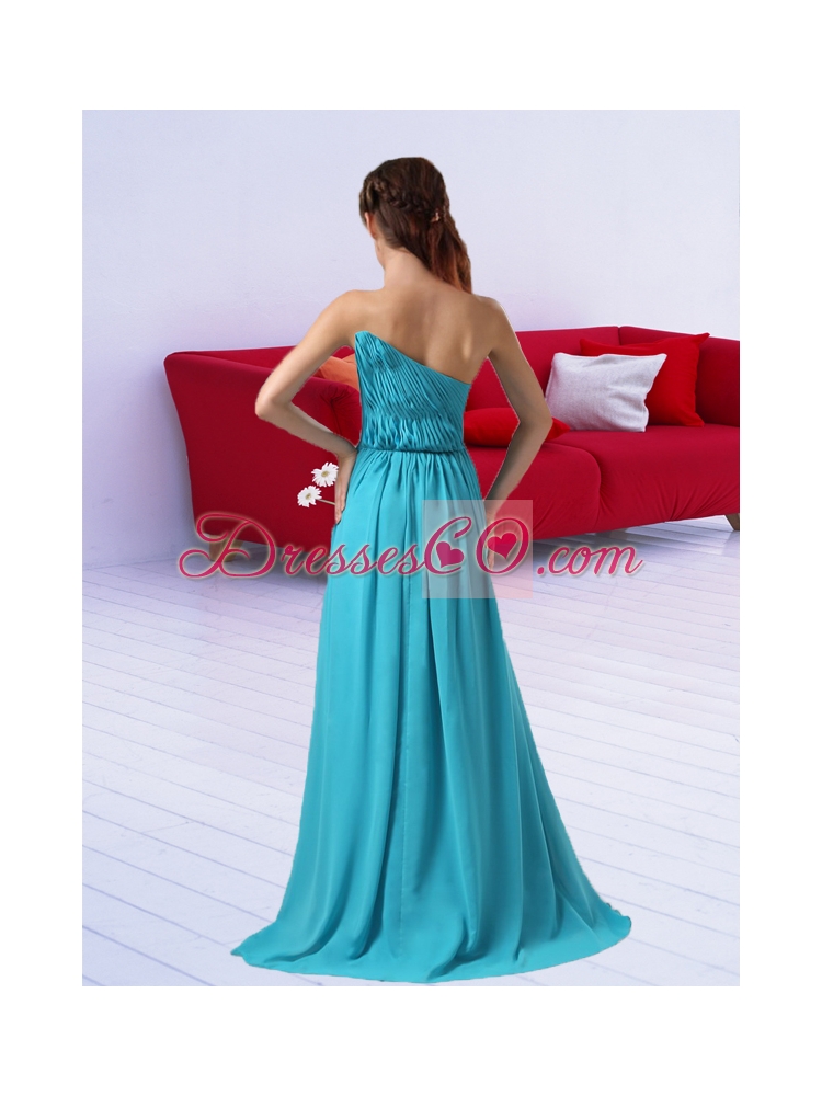 Strapless Chiffon Aqua Blue Brush Train Evening Dress Ruched in High Slit